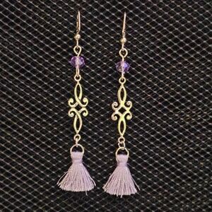Antique silver filigree, lavender glass crystal and tassel earrings
